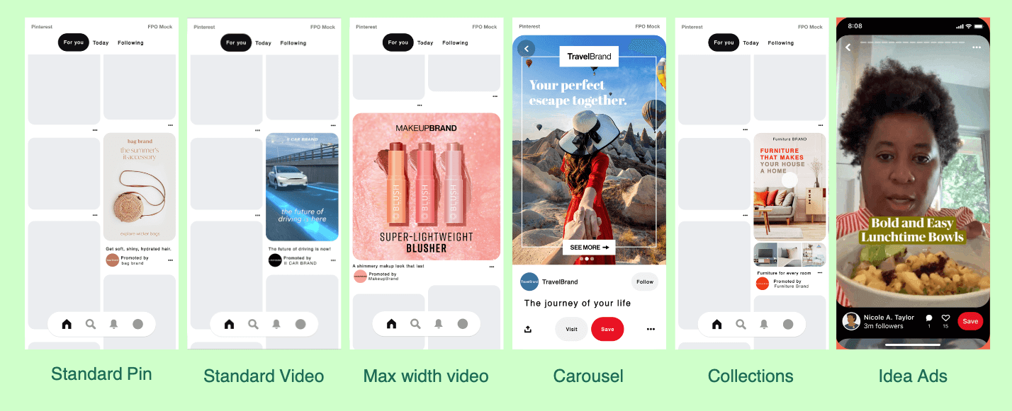 Placements Pinterest Ads: Standard Pin, Standard Video, Max Width Video, Carousel, Collections e Idea Ads