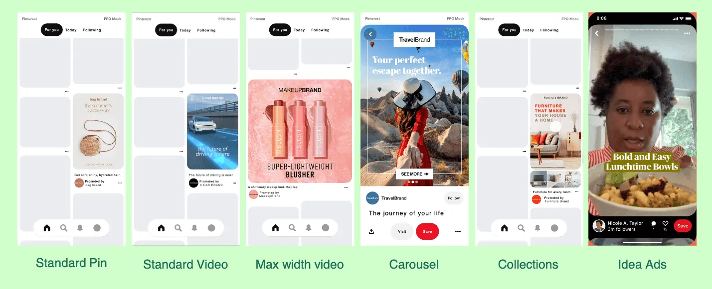 Placements Pinterest Ads: Standard Pin, Standard Video, Max Width Video, Carousel, Collections e Idea Ads